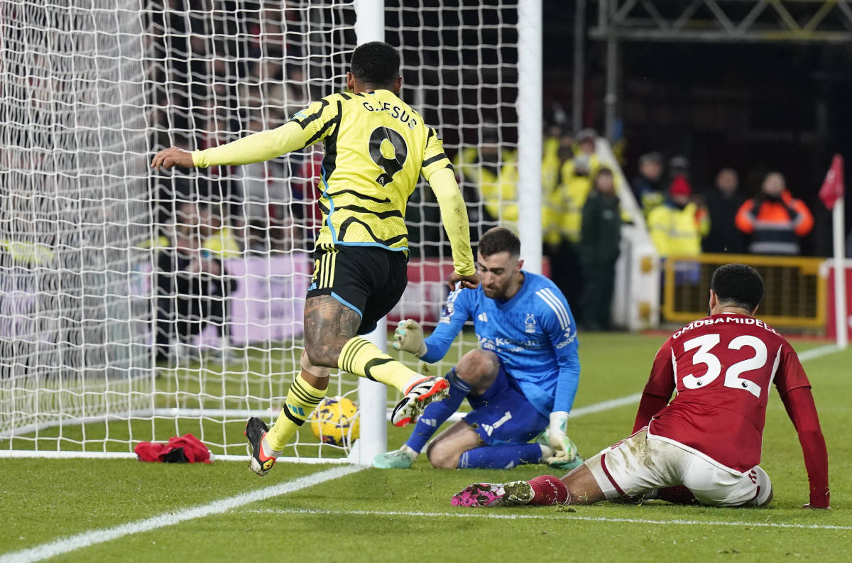 Gabriel Jesus pictured moments after shooting between the legs of goalkeeper Matt Turner to score a goal for Arsenal in a 2-1 win at Nottingham Forest in January 2024